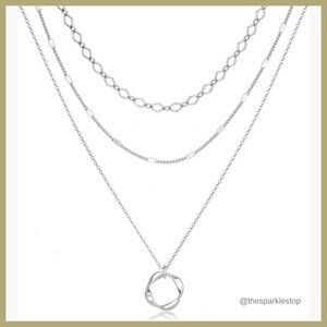 Silver Plated Layered Necklace Set with Circle Pendant & Bar Charm